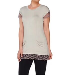 LOGO by Lori Goldstein Women's 1X  Short Sleeve Tunic Top Lace Trim Pumpkin Fall